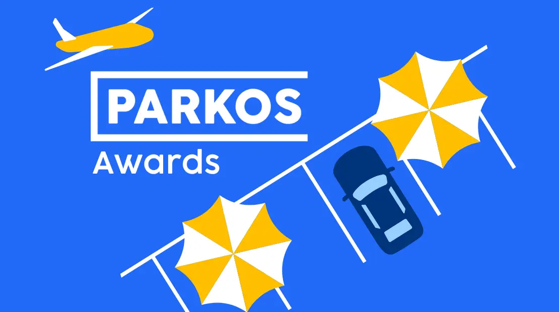 Parkos Awards illustration featuring a stylized airplane, a parked car, and yellow umbrellas on a blue background